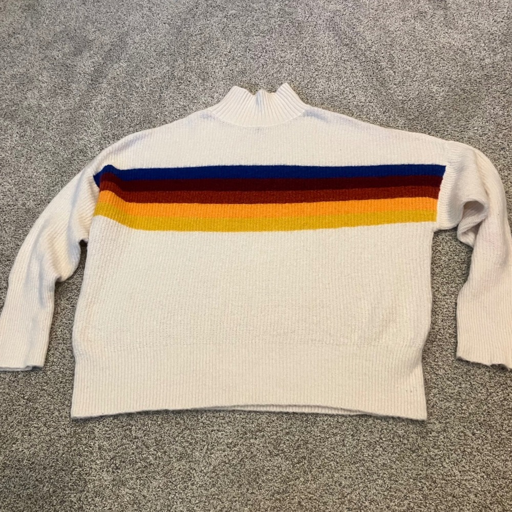 Express Women Mock Neck Rainbow Stripe Oversized Knit Sweater Ivory Medium Retro